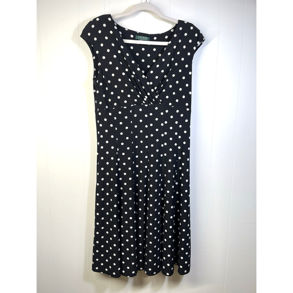 Ralph Lauren LRL Polka Dot Fit Flare Dress Black White Sleeveless Stretch Sz 10 - Picture 1 of 13